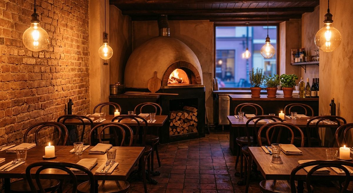 Candlelit pizzeria dining room with an exposed brick wall, wooden tables, and a domed pizza oven