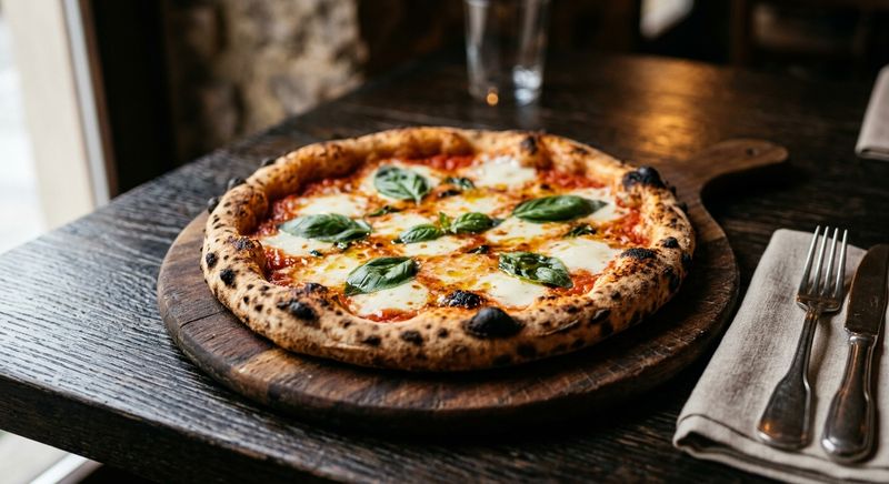 Margherita pizza with blistered crust and fresh basil on a wooden serving board