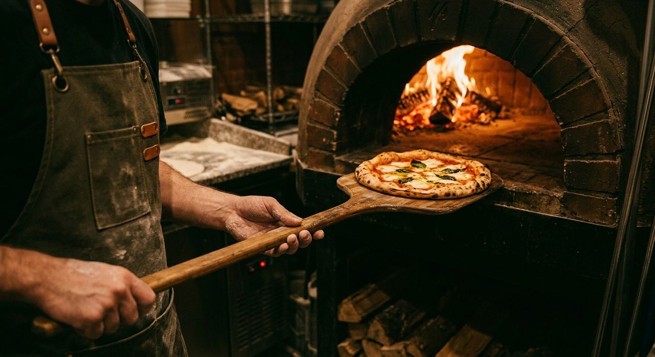 Pizzaiolo sliding a margherita pizza on a wooden peel into a glowing wood-fired brick oven